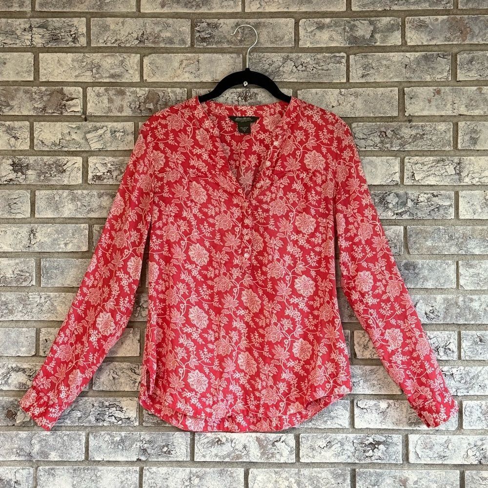 Eddie Bauer Red White Floral Print Cotton Blouse - Size S